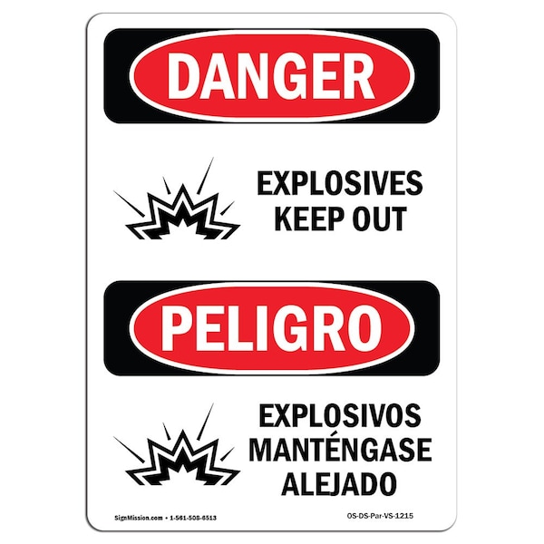 Safety Sign, OSHA Danger, 5" Height, Explosives Keep Out Bilingual Spanish, 10PK